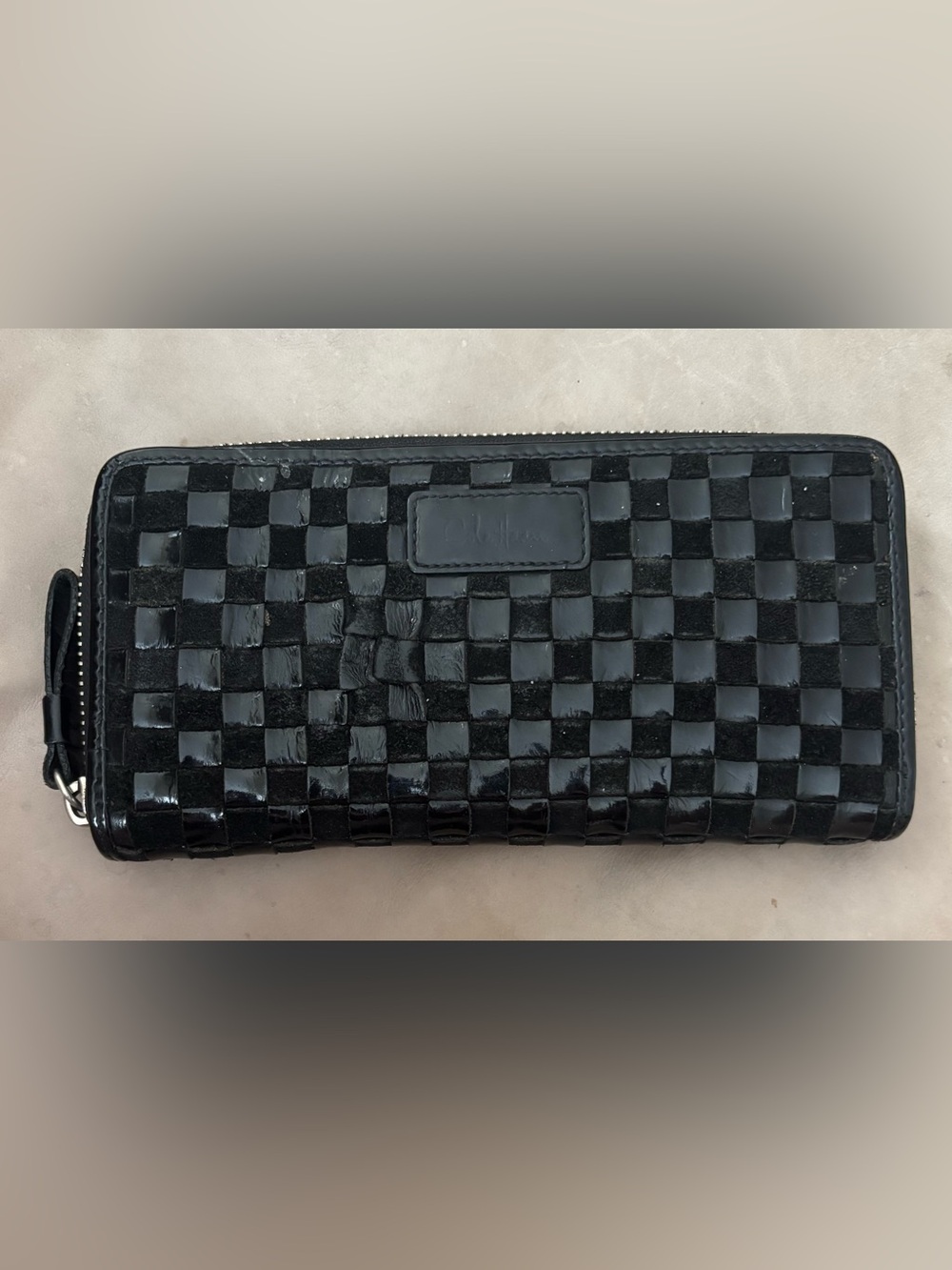 Cole Haan Black Woven Patent Leather Zip Around Wallet Checkered Organizer